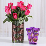 Dark Pink Roses Vase & Dairy Milk Silk Combo