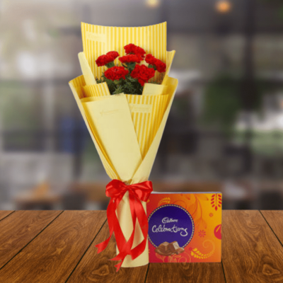6 Red Carnations & Celebrations Box